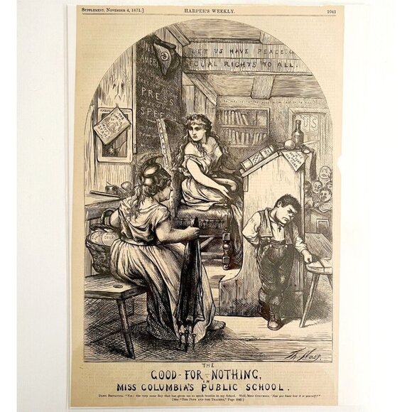Thomas Nast Public School Satire 1871 Victorian Woodcut Engraving LGBinTN2 - Picture 2 of 2